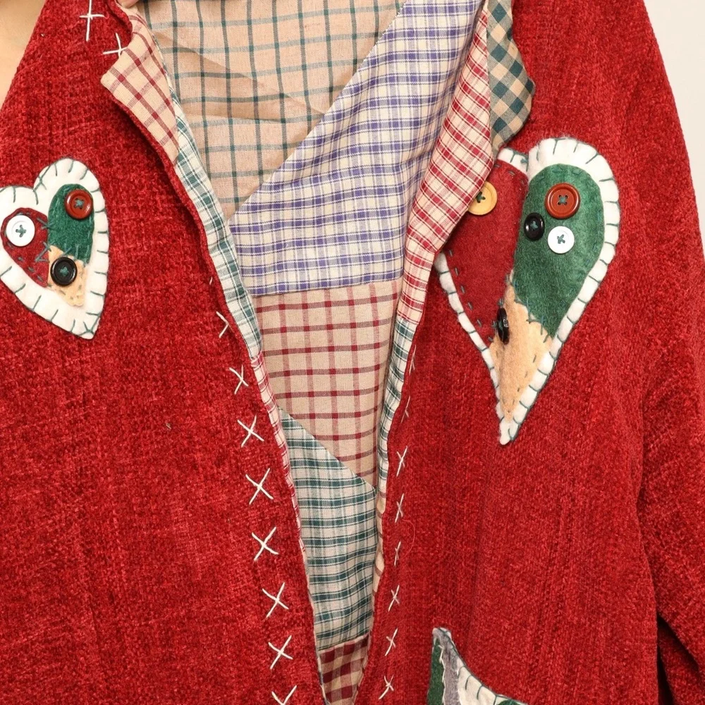FOR BROOKE! VTGRed Patchwork Open Front Coat with Heart Accents and Deep Pockets - Picture 5 of 6